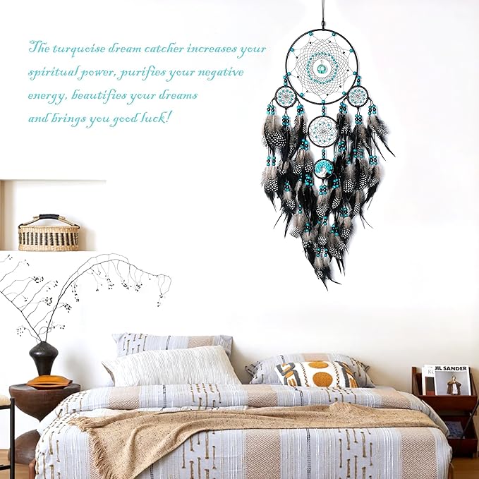 Large Dream Catchers, Boho Handmade Woven Black Dream Catchers Wall Hanging for Bedroom Living Room Dorm Room Decor, Adults Wedding Party Decor, Festival Blessing Gift (Turquoise & Black)