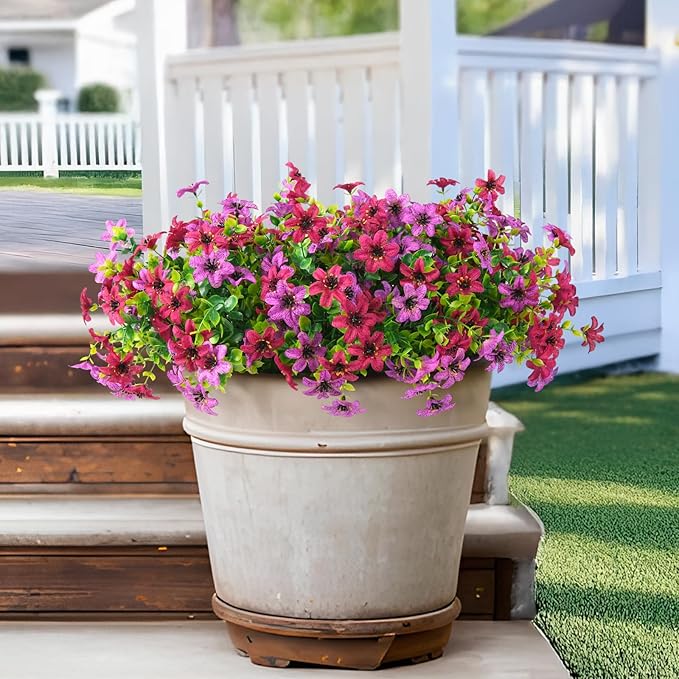 Artificial Fake Outdoor Plants Flowers for Spring Decoration, 12 Bundles UV Resistant Faux Daisy Silk Flower with Eucalyptus Stem for Outside Planters Porch Patio Yard Garden (Light Purple Fuchsia)