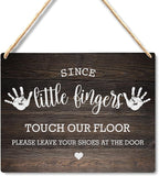 Wall Pediments Shoes Off Sign,Shoes Off Sign for Front Door,Since Little Fingers Touch Our Floor Door Sign,Shoes Off Hanging Welcome Sign for Front Door,6x12 Inches，Wood Grain-3