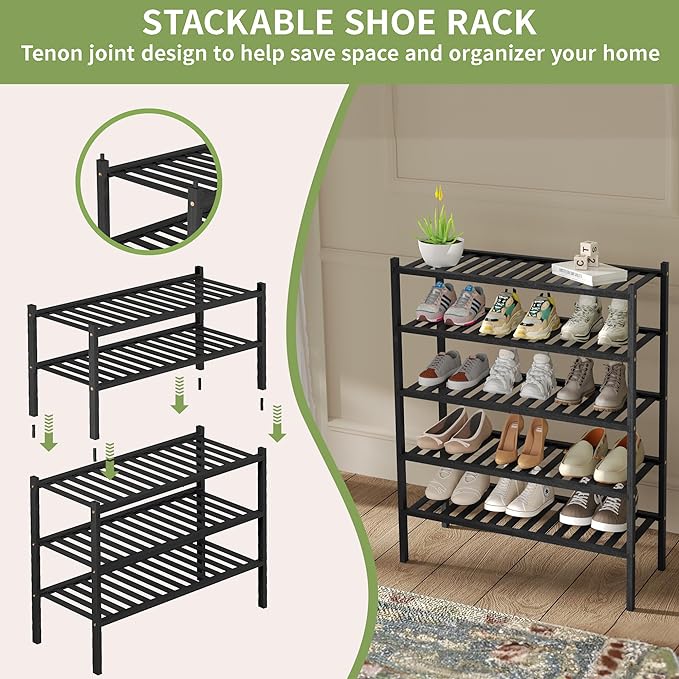 2 Tier Bamboo Shoe Rack for Closet Free Standing Wood Shoe Shelf for Entryway Small Space Stackable 27"x11"x13" (Black)