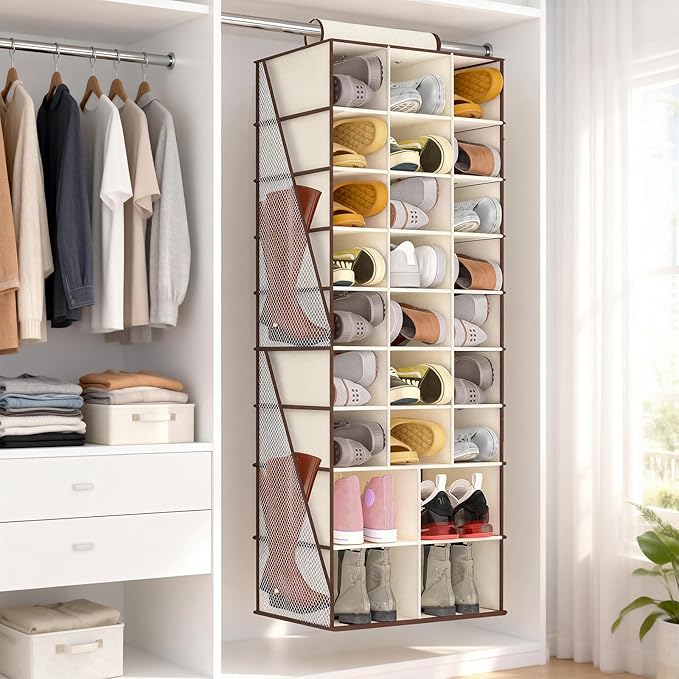 VERONLY Hanging Shoe Organizer for Closet-Collapsible Storage Rack with 25 Sections & 4 Side Pockets, Hanging Shoe Shelves for Hats,and Clothes, Beige