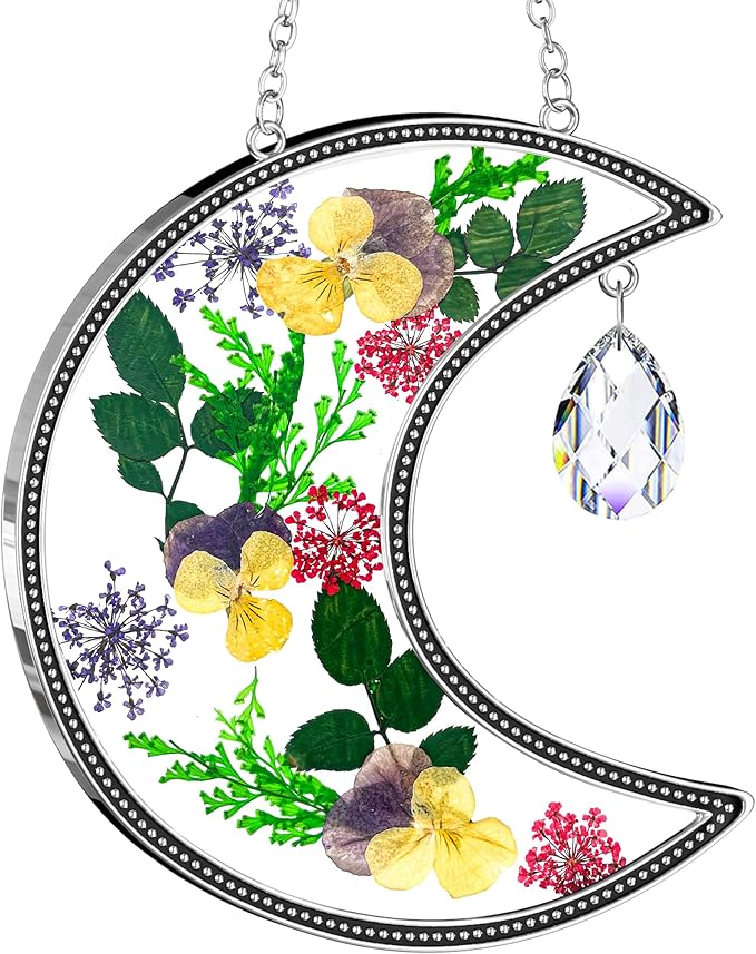 KY&BOSAM Moon Suncatcher Gifts for Mom Family Friends Stained Glass Suncatchers for Windows Hangings Wind Chimes with Real Flower Colorful Crystal Outdoor for Garden Indoor Home Christmas Trees Decor