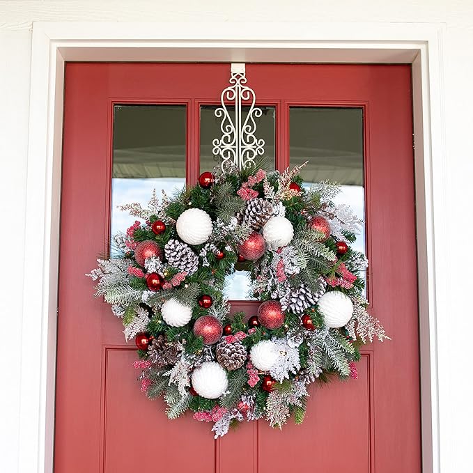 [Front Door Wreath Hanger] - Colonial Design | Adjustable Hook Length for Tall and Small Doors | Padding to Prevent Damage Like Scratch and Dents | Heavy Duty Cast Iron Metal Hangar - (White)