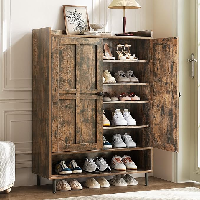 Brown 7+1 Tier Farmhouse Shoe Storage Cabinet - 45" Tall Entryway Organizer with Cross Molding Doors, 3 Adjustable Shelves & Metal Legs, Shoe Rack for Front Door Entrance