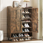 Brown 7+1 Tier Farmhouse Shoe Storage Cabinet - 45" Tall Entryway Organizer with Cross Molding Doors, 3 Adjustable Shelves & Metal Legs, Shoe Rack for Front Door Entrance