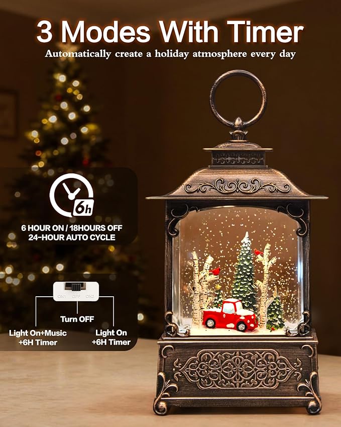 Christmas Snow Globes Light up Snowglobes Christmas Lantern with 8 Songs, 10.43" Christmas Snow Globes for kids adults, 6H Timer & Dual Power, Lighted Christmas Decorations Indoor, Gifts for Women Men