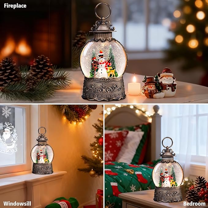 Christmas Snow Globes Lantern with Music, Snowman Snow Globes with Swirling Glitter Effects, USB/Battery Powered with 6-Hour Timer, Christmas Decorations