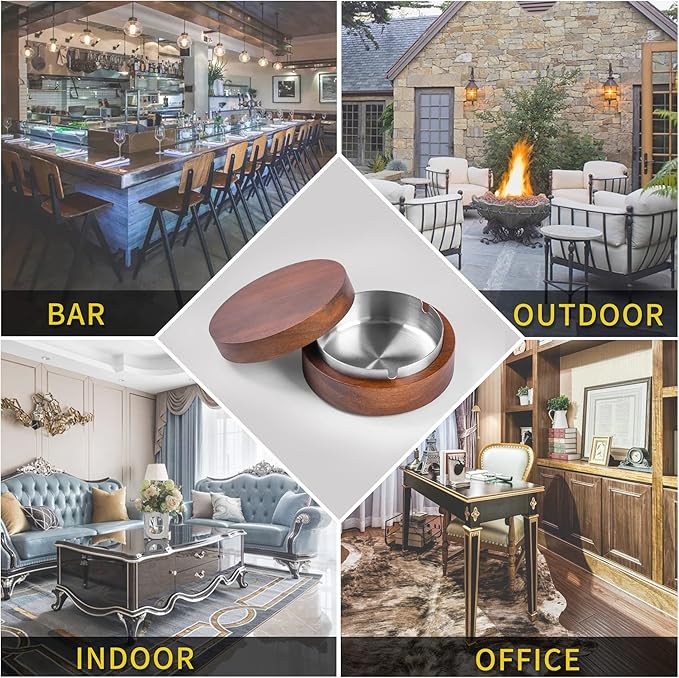 Wooden Ashtray with Lid for Smokers Stainless Steel Liner Ash Tray Windproof Durable Easy to Clean Cool Ashtrays for Indoor or Outdoor Use, Patio, Office & Home