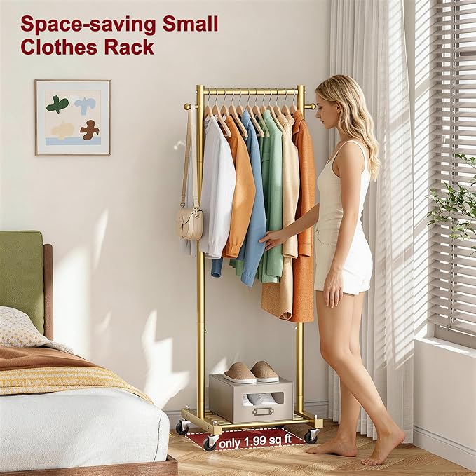 SLEEPING LAMB Small Clothes Racks for Hanging Clothes, Rolling Clothing Rack with Shelves, 60" Metal Garment Rack with Wheels Portable Wardrobe Rack for Small Space, Gold
