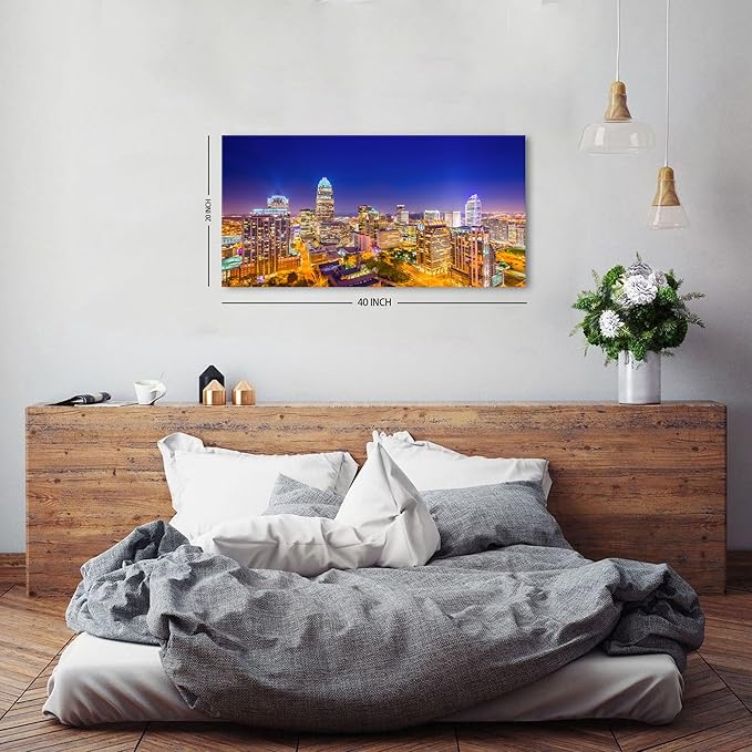 Charlotte Skyline Wall Art North Carolina City Wall Art Decor for Office Living Room Night View Cityscape Canvas Prints Pictures Modern Skyscraper Building Landscape Artwork Home Decoration 20x40"