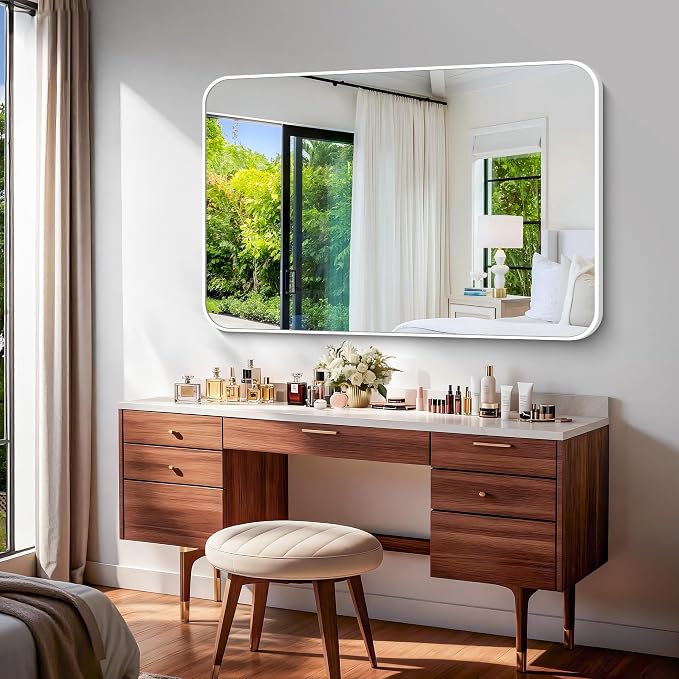 BONEWEI White Bathroom Mirror,55x36 inch Wall Mirror for Bathroom Wall Mounted,Rectangle Mirror for Bathroom Over Sink,Modern Frame Round Corner for Living Room,Bedroom Entryway,Horizontal/Vertical