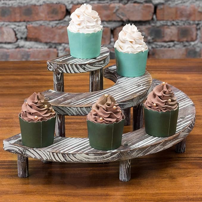 MyGift 3 Tier Rustic Dessert Stand, Torched Wood Semicircle Cupcake Display Risers