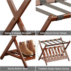 Full Assembled Luggage Rack Set of 2, Bamboo Luggage Holder Rack for Guest Room, 26.77" L Folding Suitcase Stand with 5 Nylon Straps & Storage Shelf for Bedroom Hotel (2 Pack - Brown)