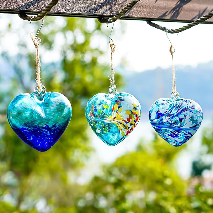 Set of 3 Handmade Glass Heart Ornaments 3.9 Inch Blue Friendship Heart Decor for Garden Home Centerpiece Gifts for Women