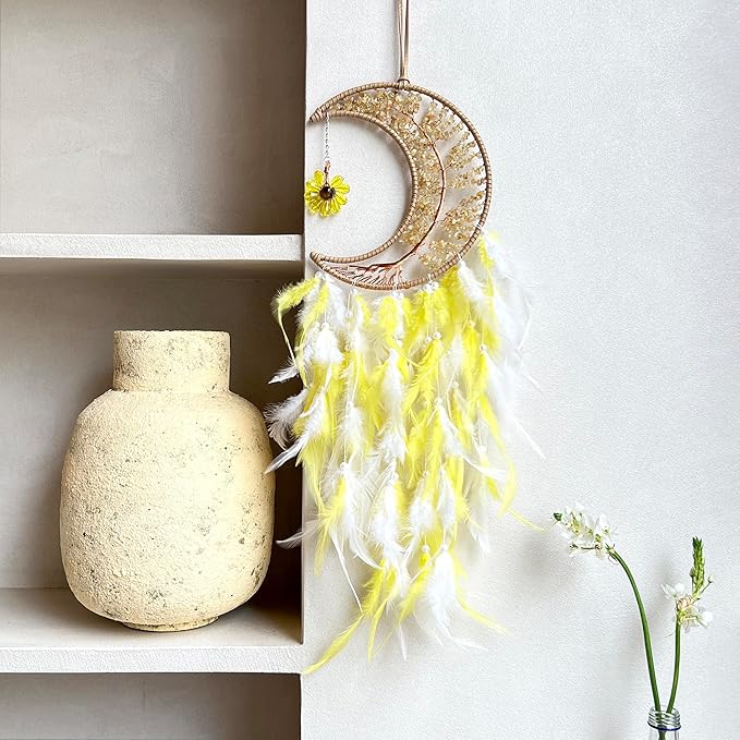 Moon Dream Catchers with Chakra Gemstone Agate Stone, Wealth Luck Crystal Tree Life Dream Catchers Wall Hangings Room Decor(Yellow)