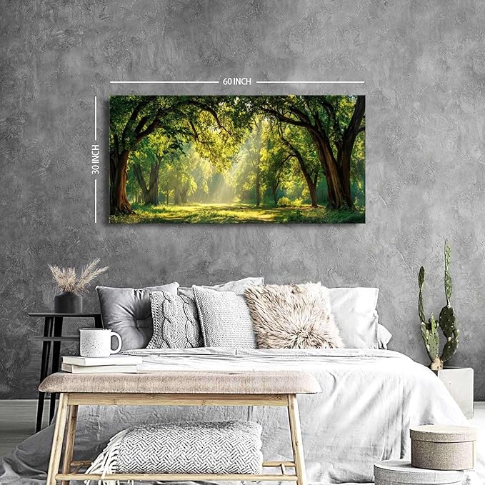 Green Forest Wall Art Panoramic Woodland Landscape Canvas Pictures Nature Wall Decor Sunrise Sunlight Trees Scenery Poster Living Room Bedroom Office Hallway Cabin Lodge Home Decoration 29.53x 57.87"