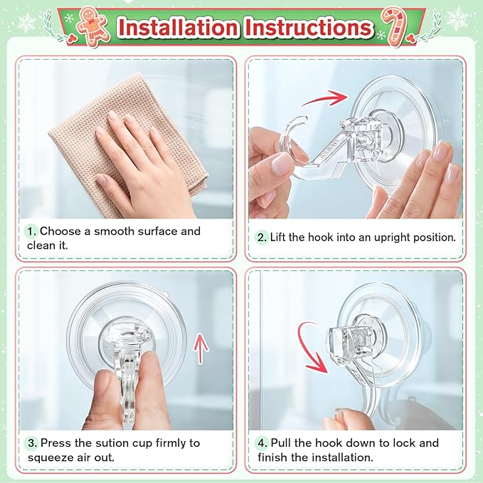 VIS'V Wreath Hanger, Large Suction Cup Wreath Hooks, Heavy Duty, 22 LB Capacity, Removable and Reusable, Clear, 8 Pcs