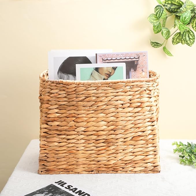 Tatuo Seagrass Magazine Baskets Magazine Holder Tall Narrow Woven Storage Wicker Basket Floor Bathroom Home Office Handwoven Holder for Books, Newspaper, File and Mail(Light Brown)