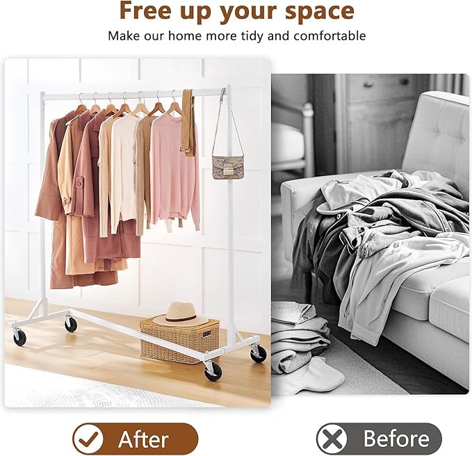 Hoctieon Z Rack, Rolling Clothes Racks with Z-Base, Heavy Duty Garment Rack, Clothing Racks for Hanging Clothes, Sturdy Metal Hanging Holder, Clothes Organizer Rack, White