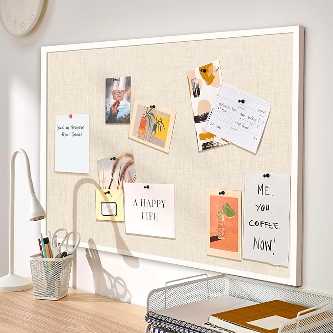 36''x24'' Inch Linen Cork Bulletin Board with Frame, Decorative Pin Board for Office Home and School Wall Decor