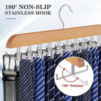 Tie Rack Hanger for Closet 20 Foldable Hooks, 2 Pack Wooden Non Slip Large Capacity Space Saving Tie and Belt Organizer with 360°Rotating Hooks for Tank Tops Bras Scarves Hat
