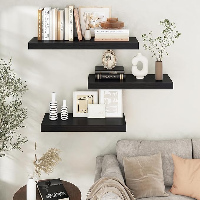 Venusmiles Floating Shelves for Wall, 30" W x 12" D x 2" H, 2 Pack of Long Wall Mounted Engineered Wood Shelves with Invisible Brackets for Living Room, Bedroom, Bathroom, Kitchen Decor, Black