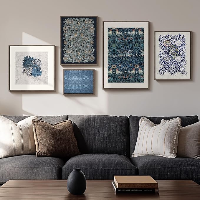 Framed William Morris Wall Art for Living Room, 5 Piece Large Vintage Blue Canvas Prints Set, Floral Botanical and Bird Pattern Aesthetic Decor for Bedroom, Hallway, Home Office, Kitchen, Guest Room