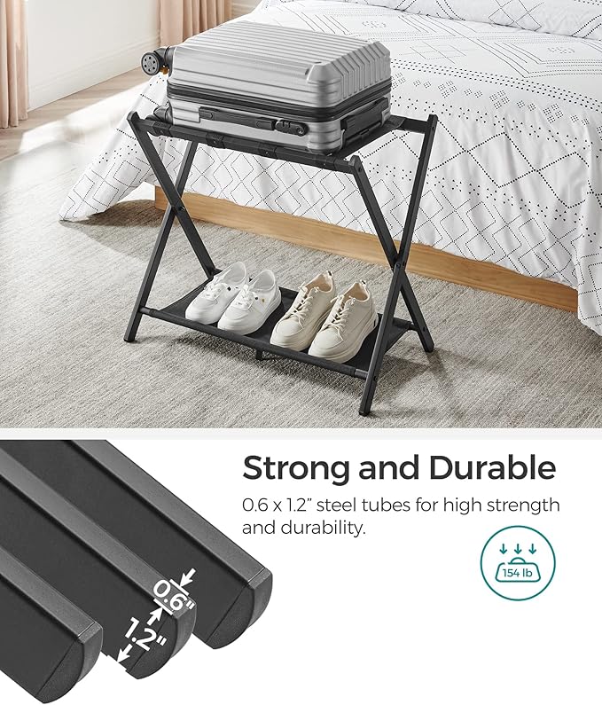 SONGMICS Luggage Rack for Guest Room, Suitcase Stand with Storage Shelf, Steel Frame, Foldable for Easy Storage, Hotel, Bedroom, Black URLR003B01