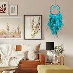 Pretty Jolly Aqua Blue Tree of Life Dream Catcher Wall Decor with Healing Crystal Stone Handmade Blue Green Feather Dream Catchers Decoration Wall Hanging Bedroom Room Wedding Party Wish Gift-25.6"