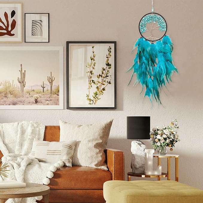 Pretty Jolly Aqua Blue Tree of Life Dream Catcher Wall Decor with Healing Crystal Stone Handmade Blue Green Feather Dream Catchers Decoration Wall Hanging Bedroom Room Wedding Party Wish Gift-25.6"
