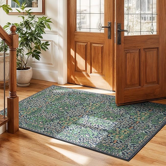 Lessymo Floral Forest Green 3x5 Area Rugs for Entryway, Kitchen, Bedroom Beside Rug Soft Non-Slip Small Carpet for Living Room, Laundry Room, Vintage Distressed Boho Flower Print