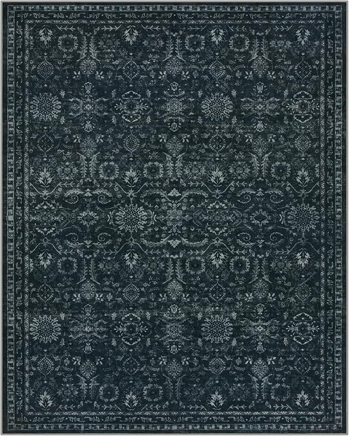 Lahome Black Area Rug for Living Room 8x10,Boho Washable Thin Carpets for Office Decor,Vintage Rubber Backed Non Slip Rug for Bedroom Dorm Apartment Hardwood Floors