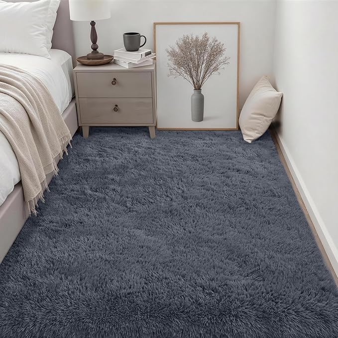 Fluffy 5x7 Area Rugs for Living Room Bedroom: Ultra Soft Shag Rug Non-Slip Non-Shedding Small Plush Bedside Rug Indoor Floor Carpets for Kids Room Playroom Entryway Nursery Dorms Home Decor Grey