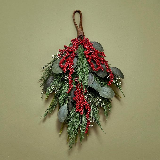 LampLust Swag for Front Door, 18 Inch Greenery with Eucalyptus and Red Berry, Teardrop Swag for Decorating, Indoor Hanging Decor for Entryways, Door or Stairways, Spring Decor, Table Centerpiece