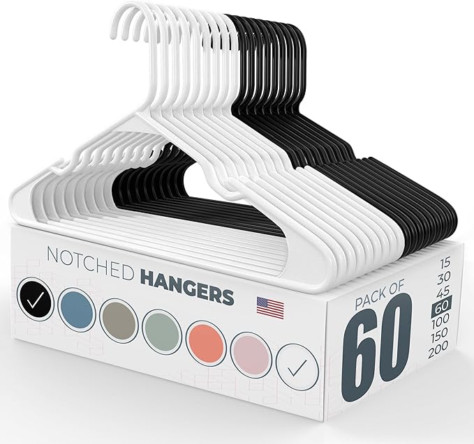 Neaties Plastic Hangers 50 Pack (60 Count) – Made in The USA – 6lb Capacity Standard Clothes Hangers with Notches and Reinforced Edges for Dresses, Lingerie, Shirts, Pants, and Jackets – White & Black