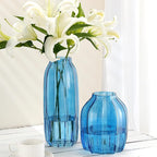 Blue Glass Vase for Flowers Bud Tall Glass Vases,H-8.0" Simple Striped Design for Home Floor Decor,Farmhouse Decor, Centerpiece Coffee Table Decorations (Blue 8.0IN)