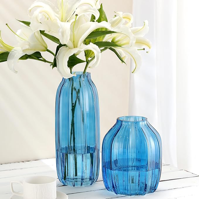 Blue Glass Vase for Flowers Bud Tall Glass Vases,H-8.0" Simple Striped Design for Home Floor Decor,Farmhouse Decor, Centerpiece Coffee Table Decorations (Blue 8.0IN)