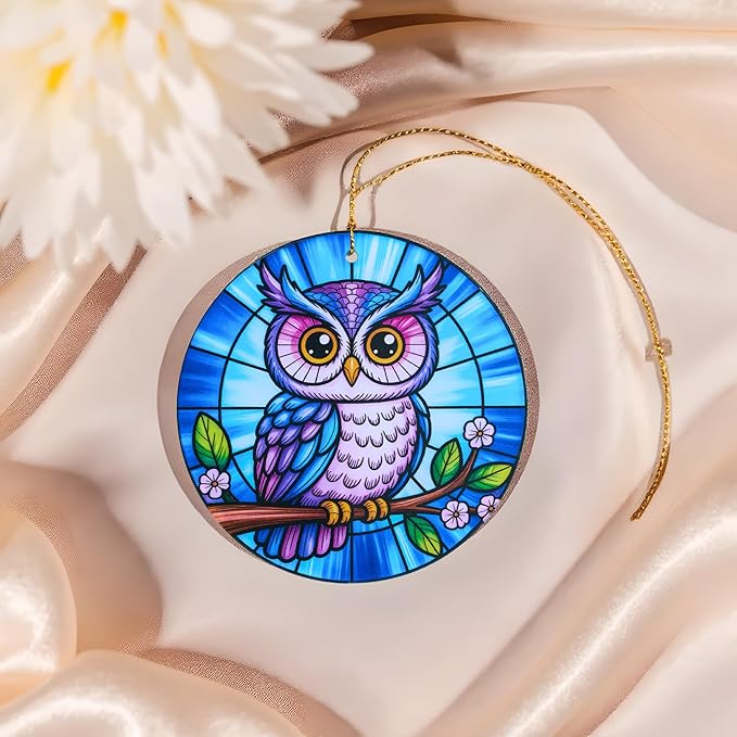 Owl Christmas Ornaments 2025 Stained Glass Effect Acrylic Hanging Gift, for Women, Owl Ornaments for Tree Windows, Ornaments for Christmas Trees Holiday Gifting, Thanksgiving Gift
