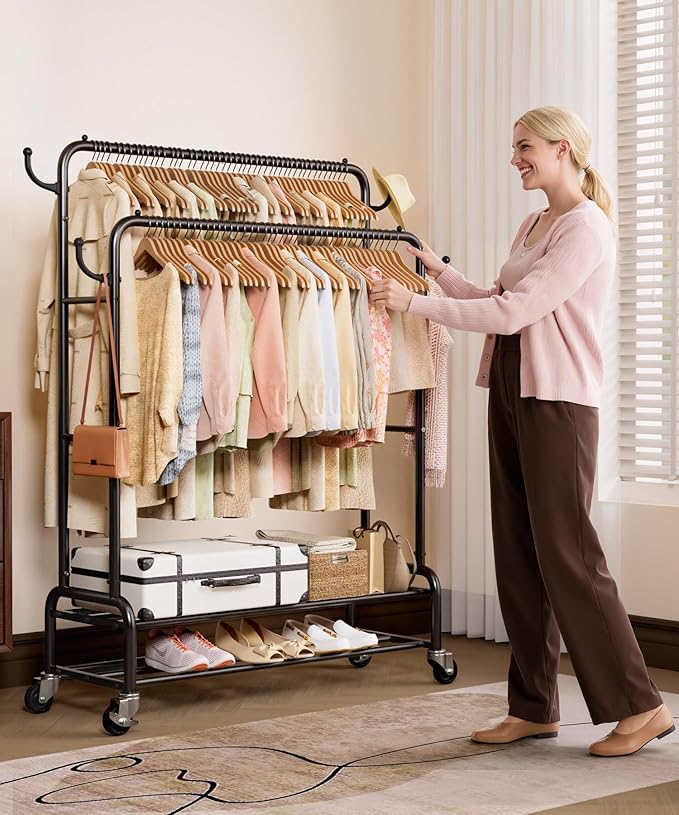 Homde Heavy Duty Clothes Rack: 265lb Rolling Double Rod Garment Hanging - Metal Coat Organizer Storage Display Shelf on Wheels for Bedroom Laundry