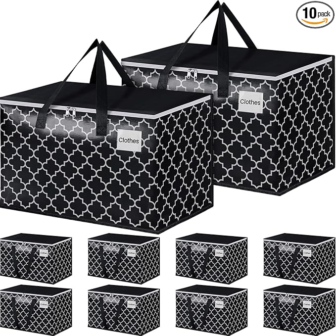 HomeHacks Heavy Duty Moving Bags with Tag Pockets, Collapsible Storage Totes for Moving, Camping & Travel -Foldable Packing Boxes, Zipper Handles, Black（10 Packs, 125L）