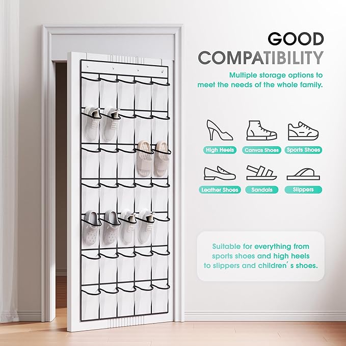 WVM Over the Door Shoe Organizer with 35 Breathable Mesh Pockets, Hanging Shoe Organizer for Door with 4 Metal Hooks, Large Capacity Closet Storage for Shoes, Accessories, White