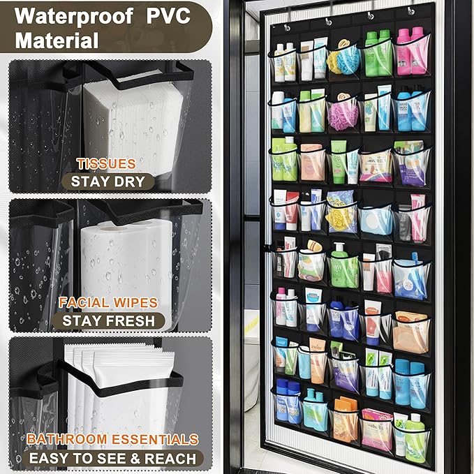 Over the Door Shoe Organizer with 40 Clear PVC Pockets – Waterproof Hanging Shoe Holder for Closet & Bathroom – Space-Saving Door Shoe Rack for Shoes, Toys, Toiletries & Snacks(Black)