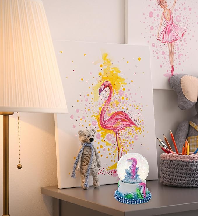 CoTa Global Seahorse Neon Snow Globe Decor - Elegant Pink Sparkle Glitter Inside The Snow Globe Figure, Animal Figurines for Kids and Adults, Collectible Snow Globes for Birthday, Christmas - 45 mm