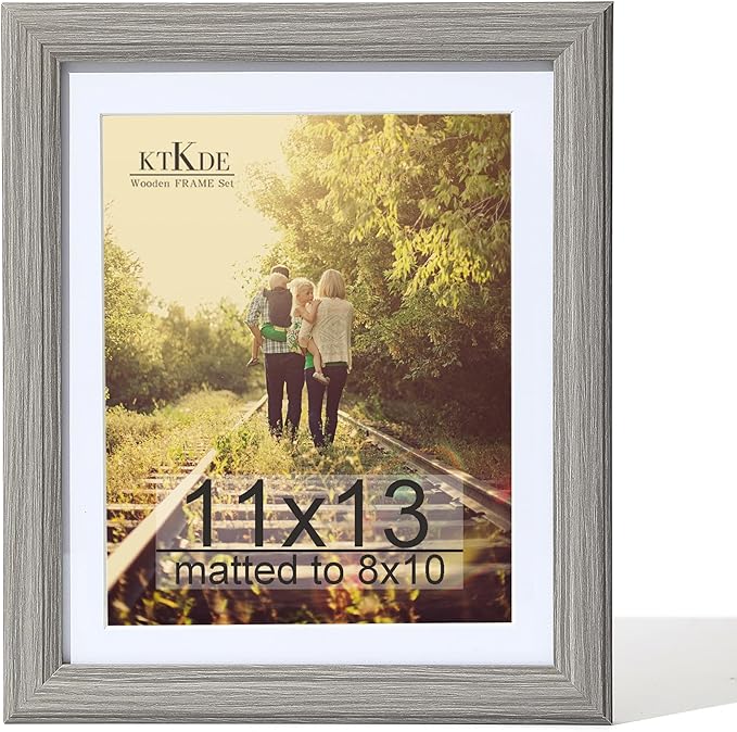 KTKDE 11x13 Picture Frame,Display Pictures 8x10 with Mat or 11x13 Without, Tempered Glass,13 by 11 Gray Wooden Frame Wall Gallery Poster Frame best gift