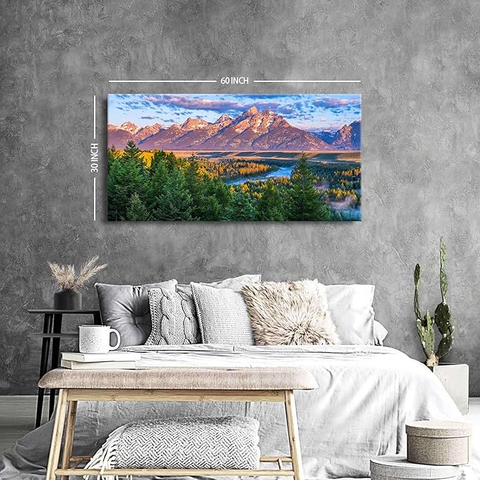 Grand Teton Mountain Wall Art Sunset Nature National Park Posters Oxbow Bend Snake River Landscape Wall Decor Wyoming Scenery Painting Artwork for Living Room Office Home Decoration 29.53x57.87"