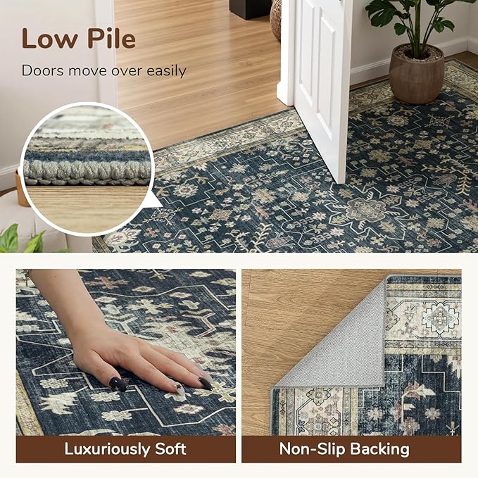 Lessymo Washable Entryway Rug, Black Brown 2x3 Small Area Rugs for Bathroom Kitchen Bedroom, Non Slip Indoor Entrance Door Mat, Stain & Fade Resistant Boho Vintage Carpet