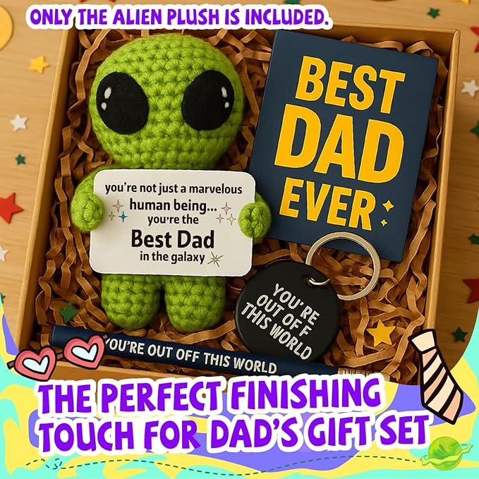 MAMAGIFTREE Fathers Day Funny Gift for Dad from Daughter Son with Message Card - Unique Dads Birthday Gifts for Husband from Wife Kids - Father’s Day Crochet Alien Handmade Decoration