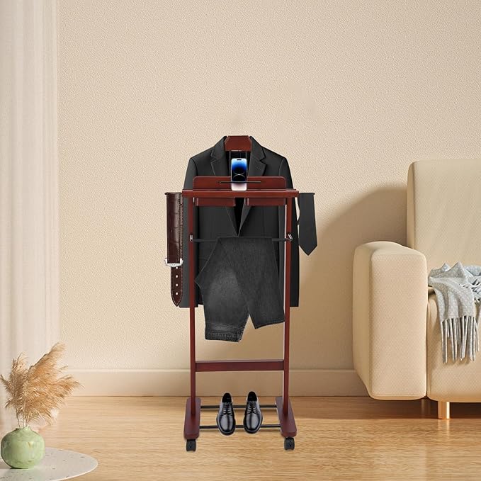 Suit Valet Stand for Men, Wood Freestanding Clothing Rack with Drawer, Top Tray, Contour Hanger, Trouser Bar, Tie & Belt Hooks and Shoe Rack Suit Stand w/Lockable Wheels