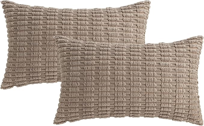 MIULEE Pack of 2 Corduroy Decorative Lumbar Throw Pillow Covers 22x14 Inch Soft Boho Striped Pillow Covers Modern Farmhouse Home Decor for Sofa Living Room Couch Bed Light Brown