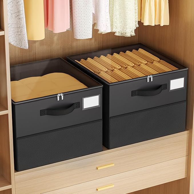 2 Pack Shoe Organizer for Closet, Large Shoe Box Storage Containers, Foldable Shoe Storage Organizer Box Bin with Adjustable Dividers and Clear Cover, Space Saving Shoes Holder, Black